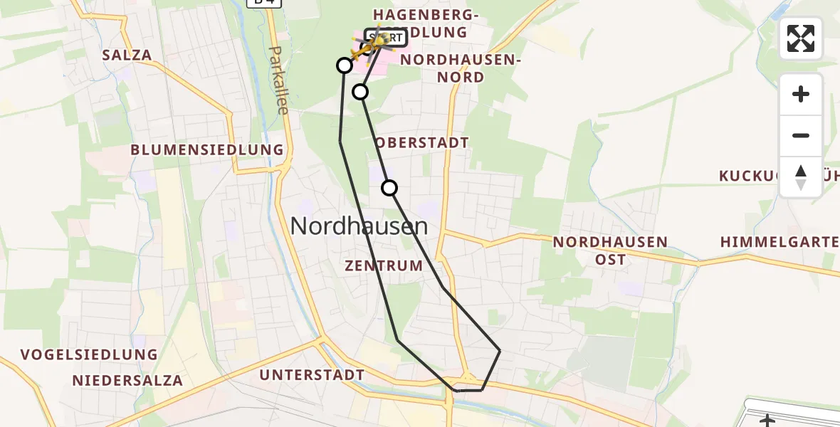 Flugroute Rettungshubschrauber Südharz Hospital Nordhausen - Südharz Hospital Nordhausen, 10 August 2026, 08:10