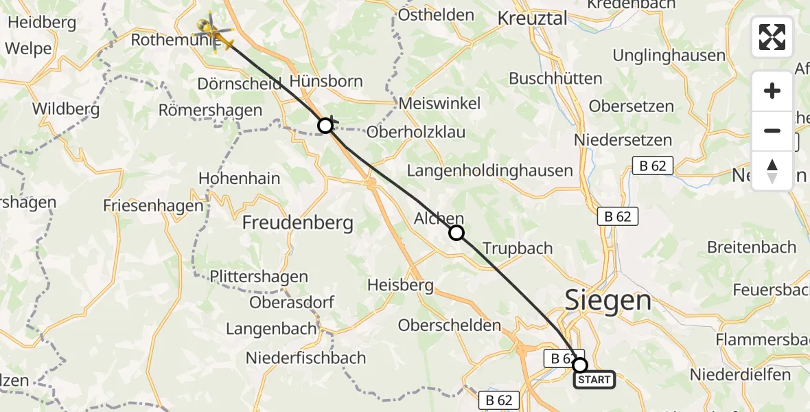 Flugroute Rettungshubschrauber Evangelisches Jung-Stilling Hospital - Wenden, 10 August 2026, 08:22
