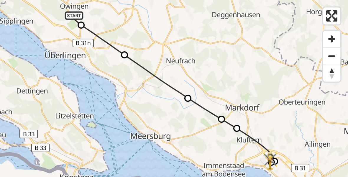 Flugroute Rettungshubschrauber Owingen - Friedrichshafen Hospital, 10 August 2026, 08:23
