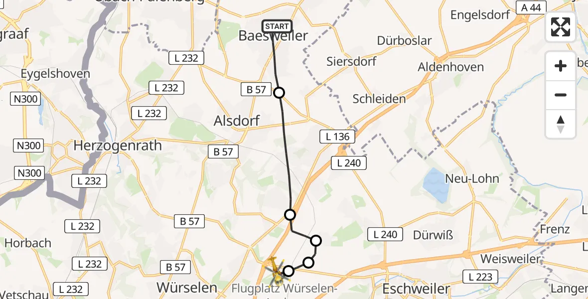 Flugroute Rettungshubschrauber Baesweiler - Aachen-Merzbrück Flughafen, 10 August 2026, 08:27
