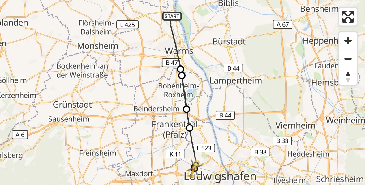 Flugroute Rettungshubschrauber Worms - Ludwigshafen Accident Hospital, 10 August 2026, 08:29