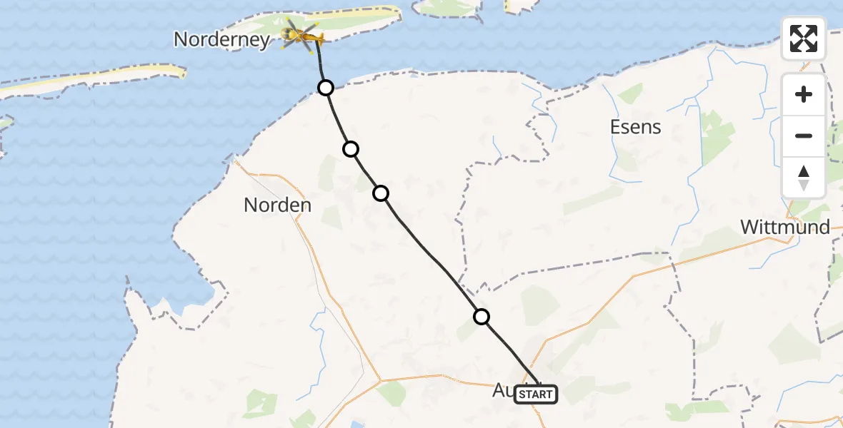 Flugroute Ambulanzhubschrauber Aurich - Norderney Flughafen, 10 August 2026, 08:30