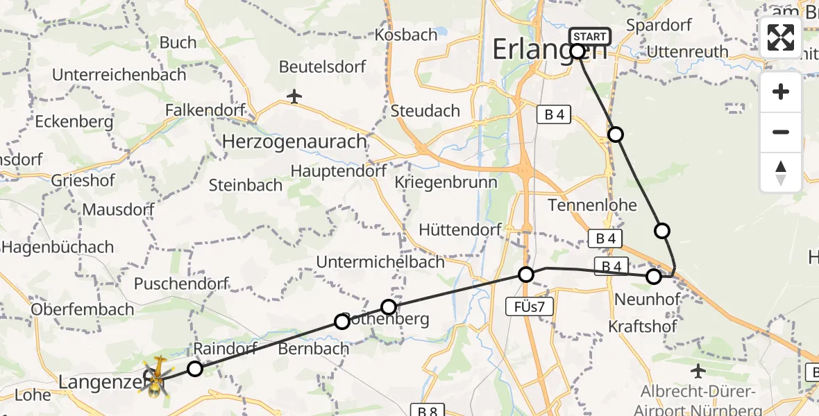 Flugroute Ambulanzhubschrauber Erlangen University Hospital Ebrardstraße - Langenzenn, 10 August 2026, 08:34