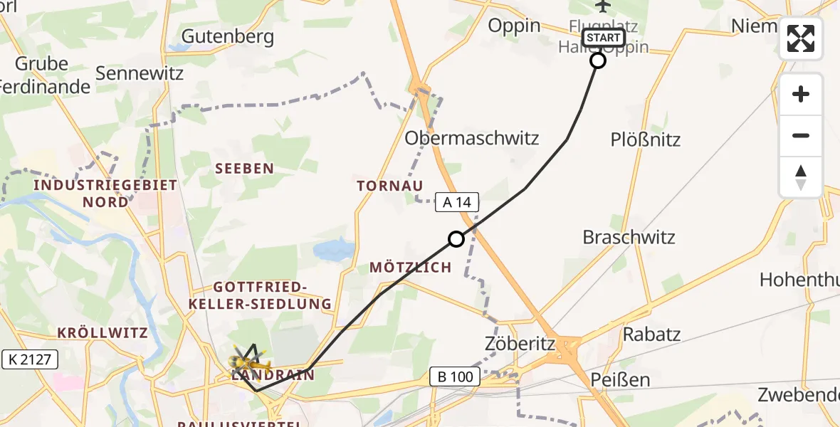 Flugroute Rettungshubschrauber Halle-Oppin Flugplatz - Halle (Saale), 10 August 2026, 08:38