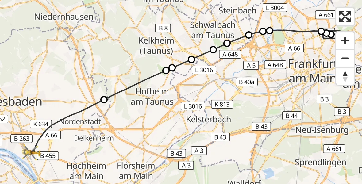 Flugroute Rettungshubschrauber Frankfurt am Main Accident Hospital Roof Helipad (CHX2) - Wiesbaden, 10 August 2026, 08:39