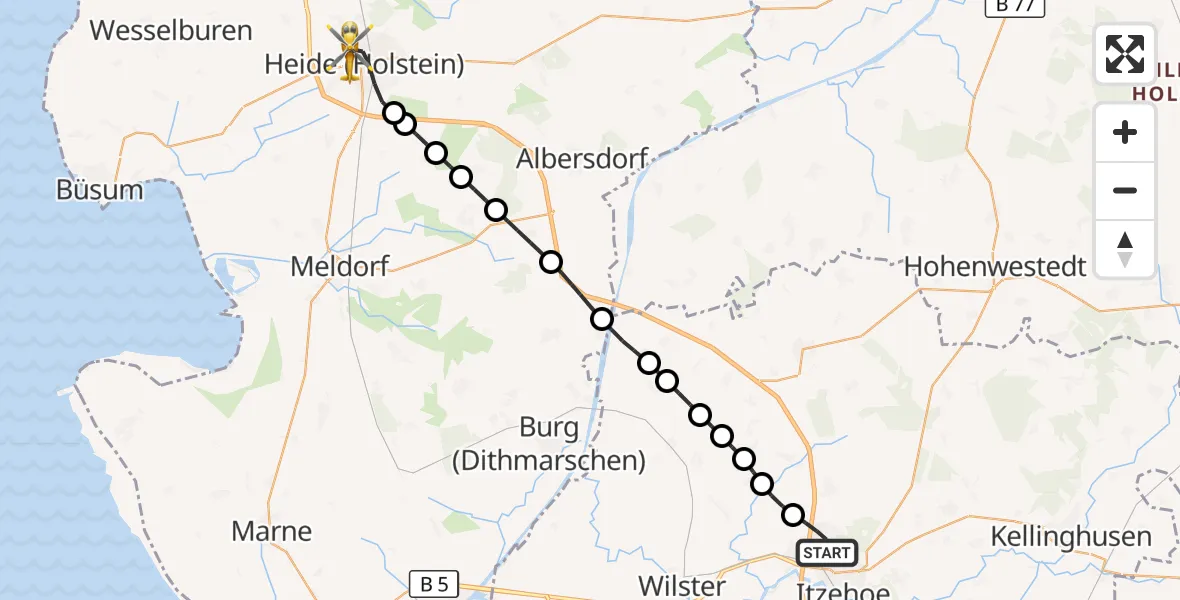 Flugroute Rettungshubschrauber Itzehoe - Heide, 10 August 2026, 08:42