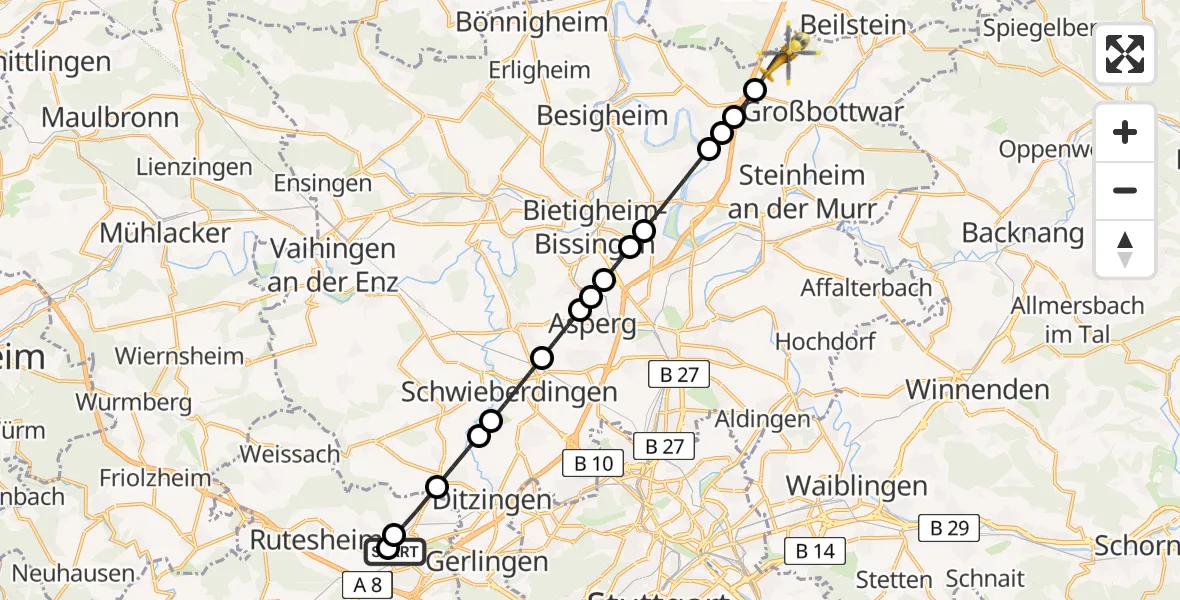 Flugroute Rettungshubschrauber Leonberg Hospital - Großbottwar, 10 August 2026, 08:43