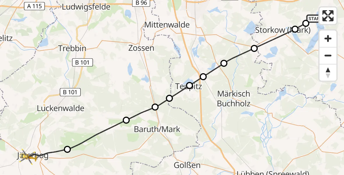 Flugroute Rettungshubschrauber Bad Saarow - Jüterbog, 10 August 2026, 08:48