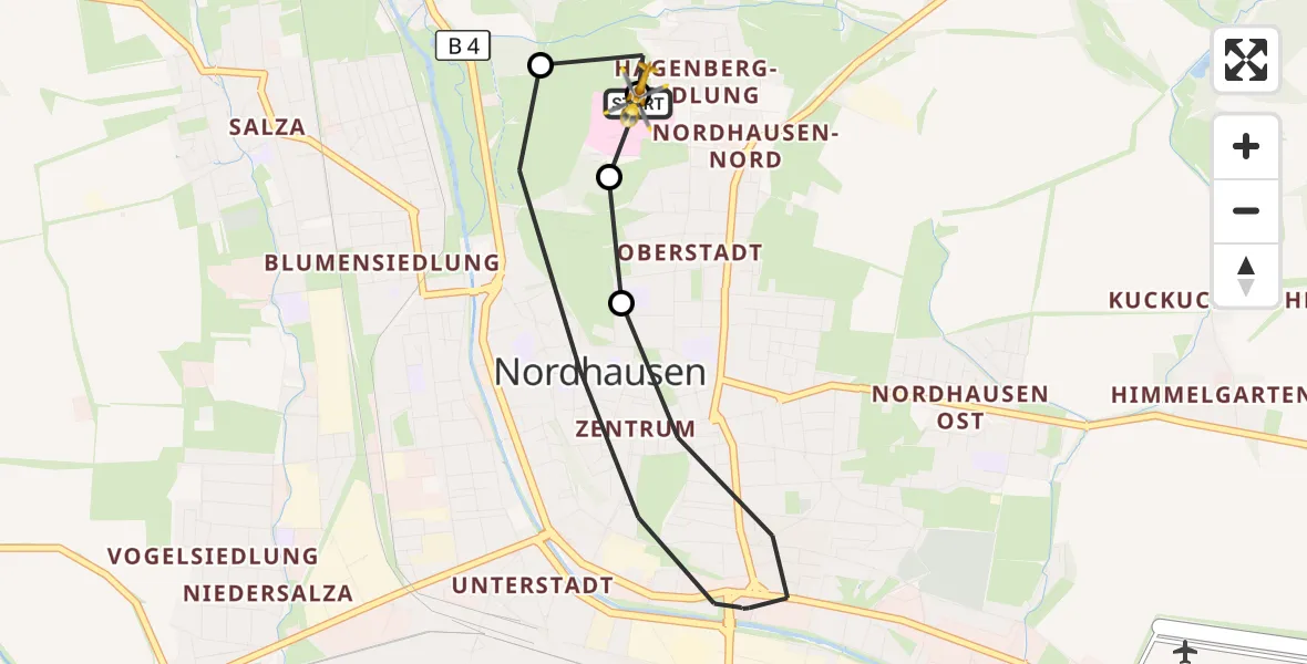 Flugroute Rettungshubschrauber Südharz Hospital Nordhausen - Südharz Hospital Nordhausen, 10 August 2026, 08:50