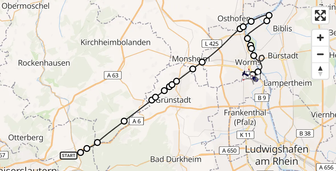 Flugroute Polizeihubschrauber Enkenbach-Alsenborn - Worms Flugplatz, 10 August 2026, 08:51
