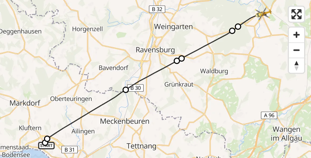 Flugroute Rettungshubschrauber Friedrichshafen Hospital - Wolfegg, 10 August 2026, 08:51