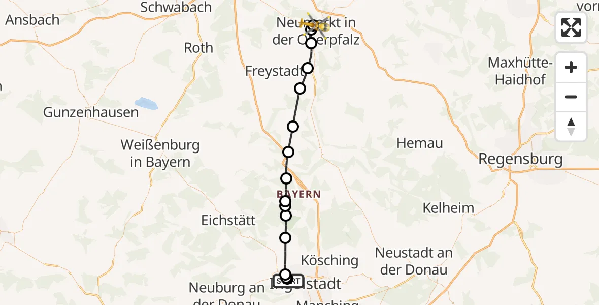 Flugroute Rettungshubschrauber Ingolstadt Hospital - Neumarkt i.d.OPf., 10 August 2026, 08:54