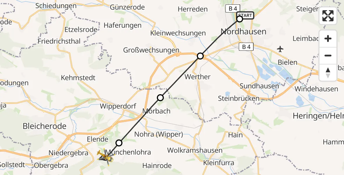 Flugroute Rettungshubschrauber Südharz Hospital Nordhausen - Großlohra, 10 August 2026, 08:57