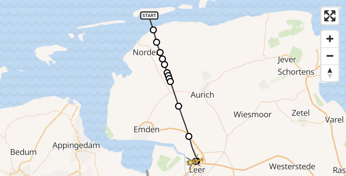 Flugroute Ambulanzhubschrauber Noordzee - Flugplatz Leer-Papenburg, 10 August 2026, 08:58