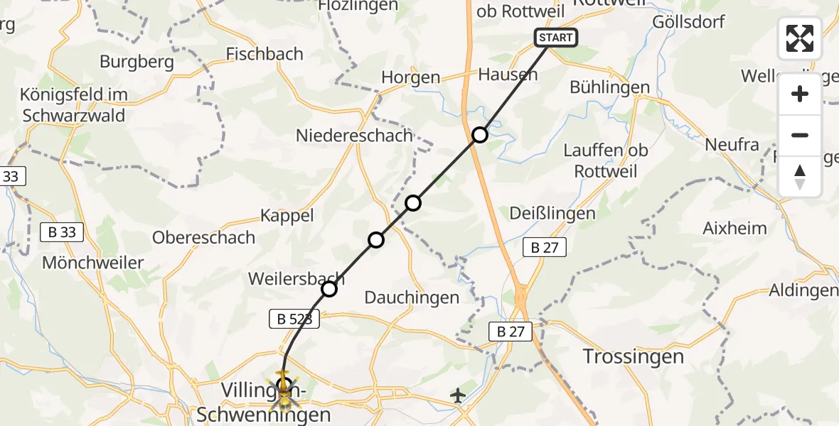 Flugroute Ambulanzhubschrauber Rottweil - DRF Air Rescue Station Villingen-Schwenningen Hubschrauberlandeplatz (Christoph 11), 10 August 2026, 09:06