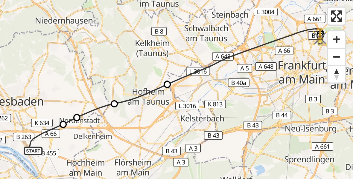 Flugroute Rettungshubschrauber Wiesbaden - Frankfurt am Main Accident Hospital Roof Helipad (CHX2), 10 August 2026, 09:06