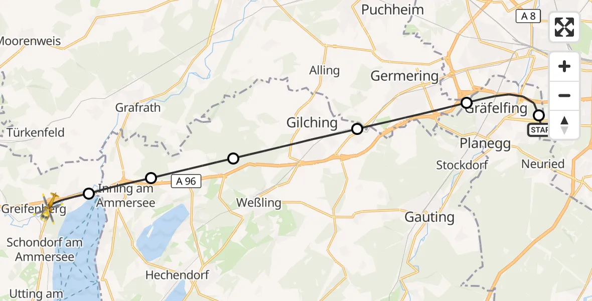 Flugroute Rettungshubschrauber DRF Air Rescue München Hubschrauberlandeplatz - Greifenberg, 10 August 2026, 09:07