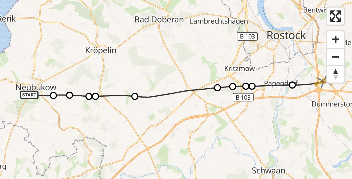 Flugroute Ambulanzhubschrauber Neubukow - Dummerstorf, 10 August 2026, 09:12