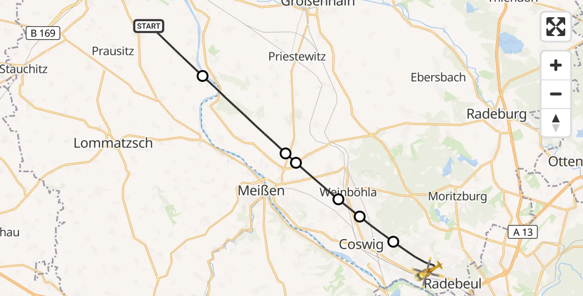 Flugroute Rettungshubschrauber Hirschstein - Radebeul, 10 August 2026, 09:14