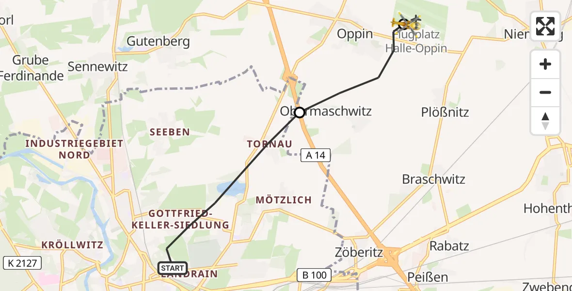 Flugroute Rettungshubschrauber Halle (Saale) - Halle-Oppin Flugplatz, 10 August 2026, 09:21