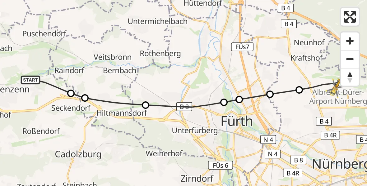 Flugroute Ambulanzhubschrauber Langenzenn - Flughafen Nuremberg, 10 August 2026, 09:21
