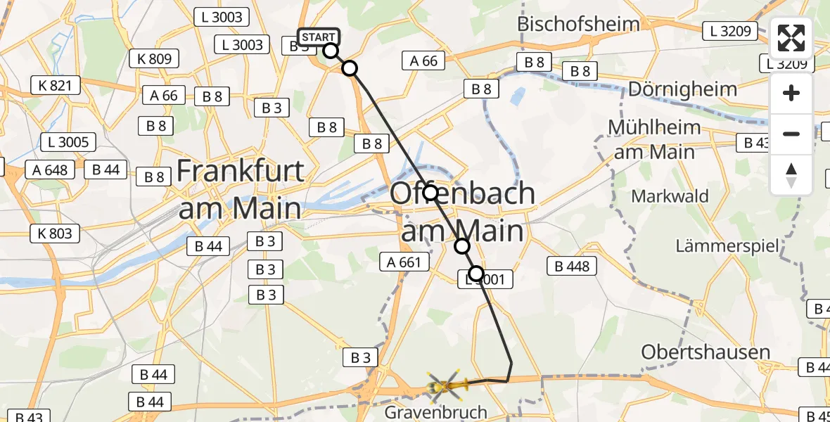 Flugroute Rettungshubschrauber Frankfurt am Main Accident Hospital Roof Helipad (CHX2) - Offenbach am Main, 10 August 2026, 09:26