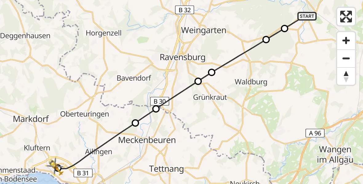 Flugroute Rettungshubschrauber Wolfegg - Friedrichshafen Hospital, 10 August 2026, 09:30