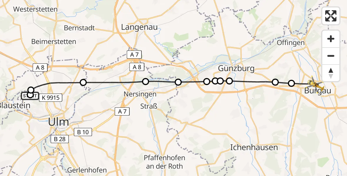 Flugroute Rettungshubschrauber Ulm Military Hospital Emergency - Burgau, 10 August 2026, 09:30