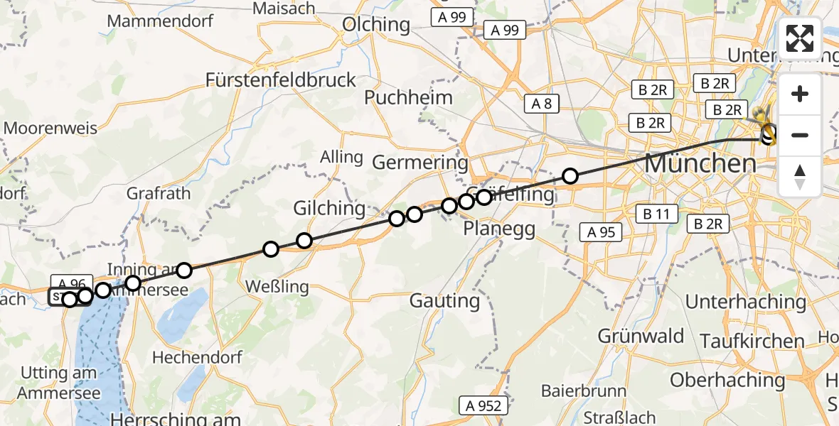 Flugroute Rettungshubschrauber Greifenberg - München Bogenhausen Hospital, 10 August 2026, 09:36