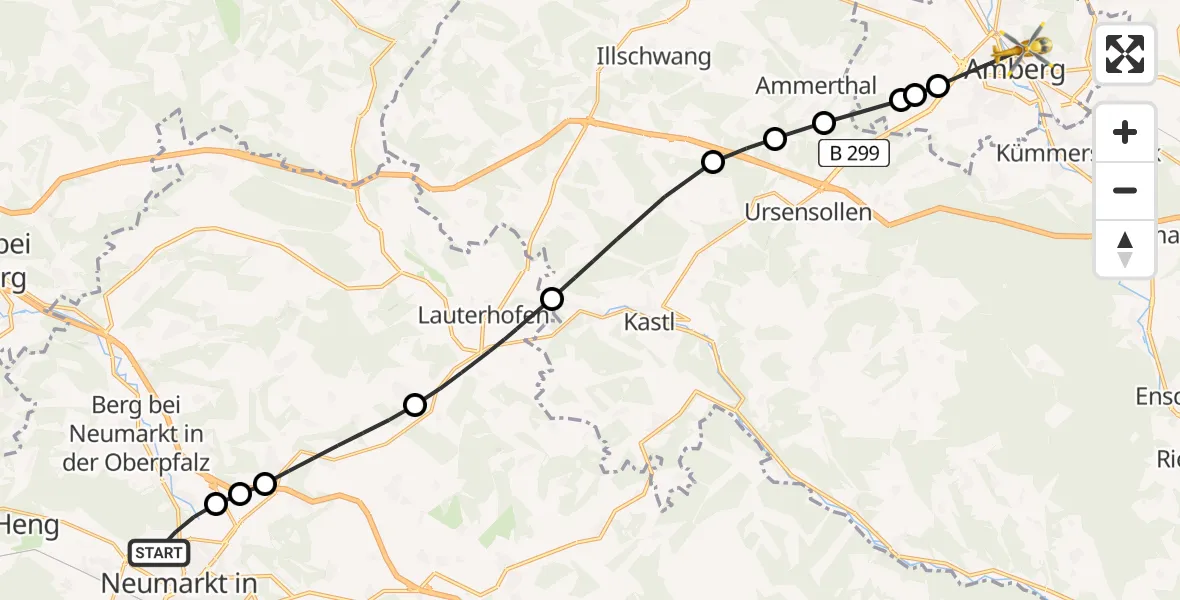 Flugroute Rettungshubschrauber Neumarkt i.d.OPf. - Amberg, 10 August 2026, 09:37