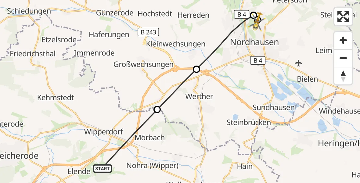 Flugroute Rettungshubschrauber Bleicherode - Südharz Hospital Nordhausen, 10 August 2026, 09:41
