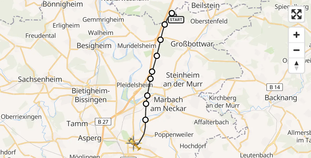 Flugroute Rettungshubschrauber Großbottwar - Ludwigsburg, 10 August 2026, 09:42