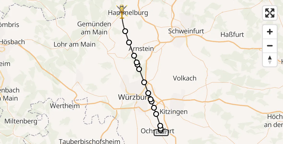 Flugroute Rettungshubschrauber Ochsenfurt Hospital - Hammelburg, 10 August 2026, 09:43