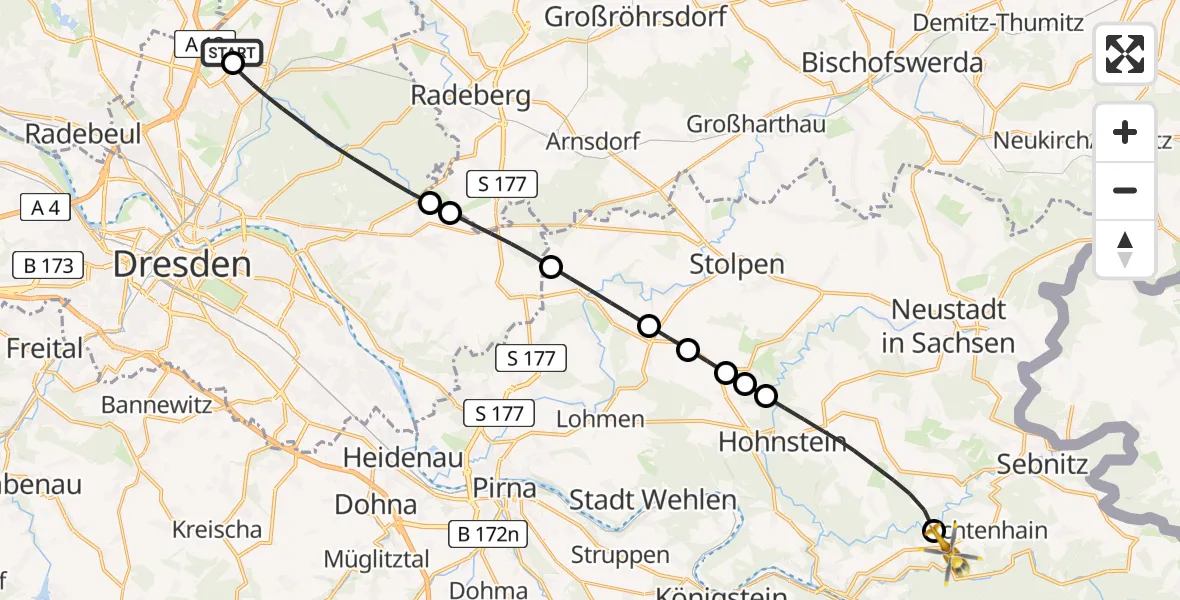Flugroute Rettungshubschrauber Dresden Flughafen - Sebnitz, 10 August 2026, 09:47