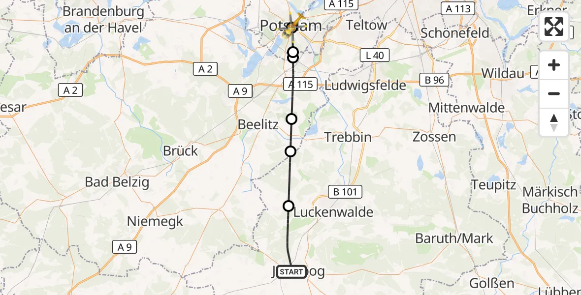 Flugroute Rettungshubschrauber Jüterbog - Ernst von Bergmann Clinic Hubschrauberlandeplatz, 10 August 2026, 09:51