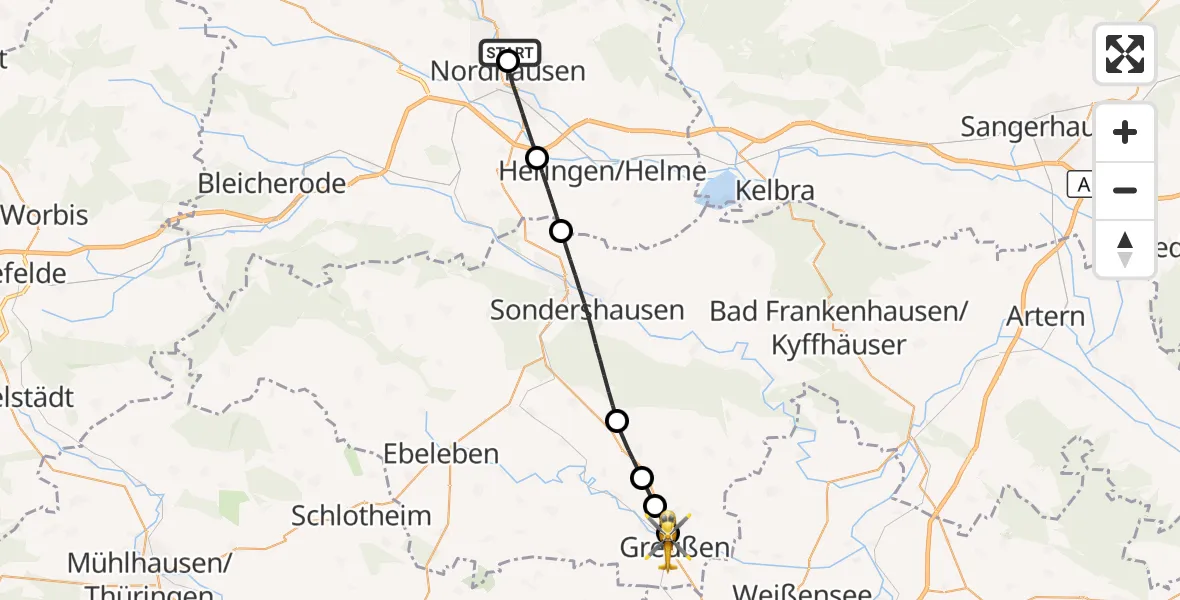 Flugroute Rettungshubschrauber Südharz Hospital Nordhausen - Greußen, 10 August 2026, 09:56