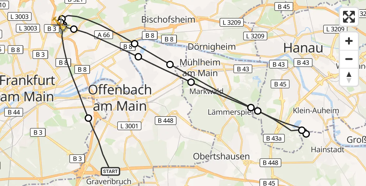 Flugroute Rettungshubschrauber Offenbach am Main - Frankfurt am Main Accident Hospital Roof Helipad (CHX2), 10 August 2026, 10:01