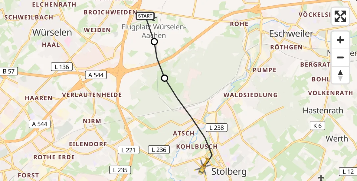 Flugroute Rettungshubschrauber Aachen-Merzbrück Flughafen - Stolberg (Rhld.), 10 August 2026, 10:07