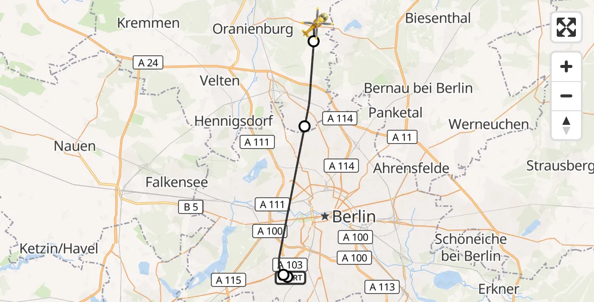 Flugroute Rettungshubschrauber Charité Clinic Benjamin Franklin Campus - Oranienburg, 10 August 2026, 10:08