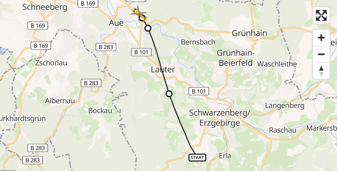Flugroute Rettungshubschrauber Schwarzenberg/Erzgeb. - Helios Clinic Aue, 10 August 2026, 10:09