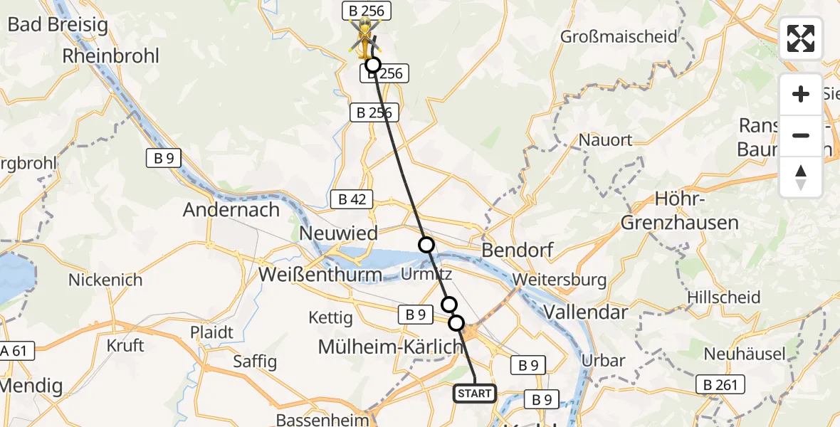 Flugroute Rettungshubschrauber Koblenz - Rengsdorf, 10 August 2026, 10:11