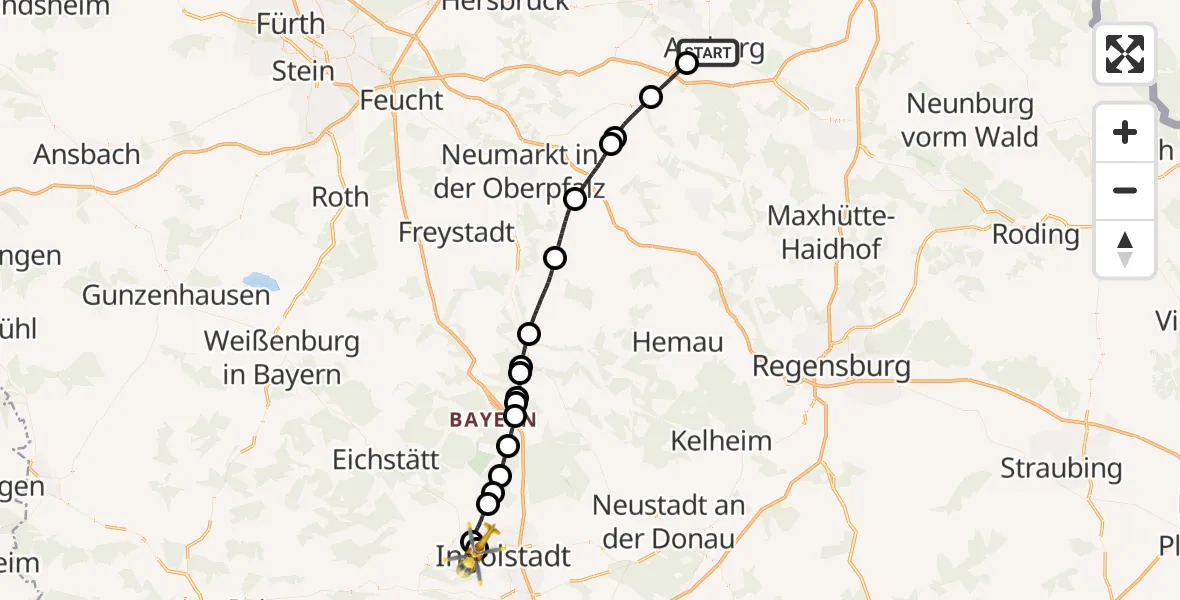 Flugroute Rettungshubschrauber Amberg - Ingolstadt Hospital, 10 August 2026, 10:15