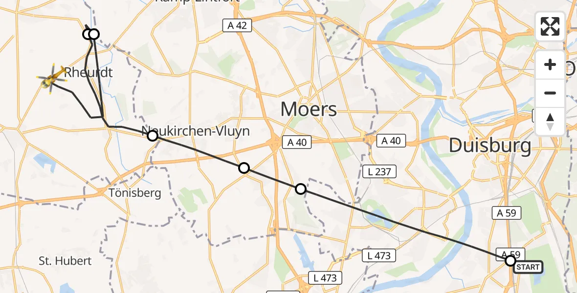 Flugroute Rettungshubschrauber Duisburg Air Rescue Hubschrauberlandeplatz (Christoph 9) - Rheurdt, 10 August 2026, 10:17