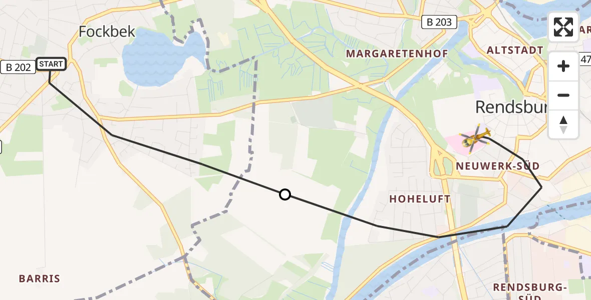 Flugroute Ambulanzhubschrauber Fockbek - Rendsburg, 10 August 2026, 10:23