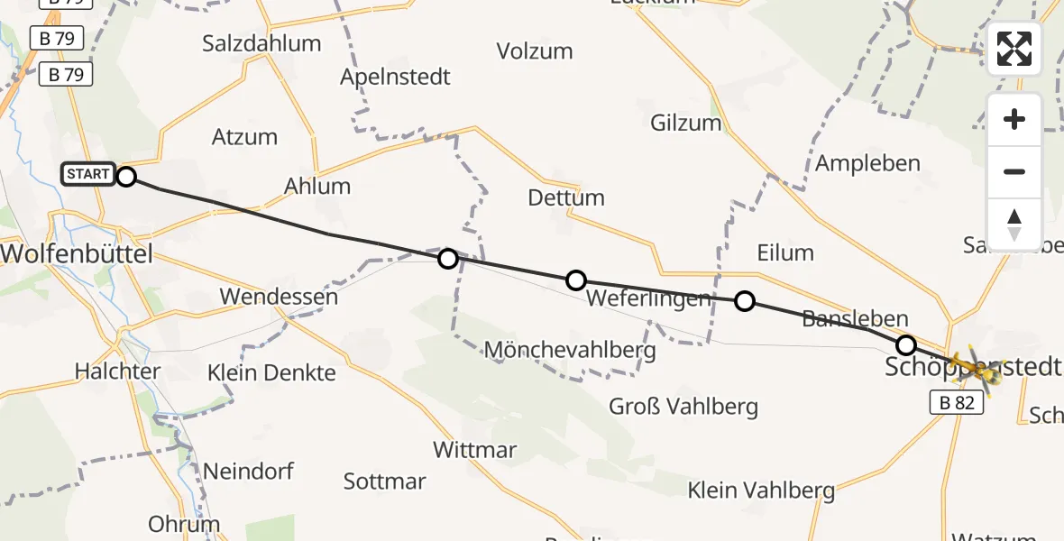 Flugroute Rettungshubschrauber Wolfenbüttel Municipal Hospital Heliport (Christoph 30) - Schöppenstedt, 10 August 2026, 10:24