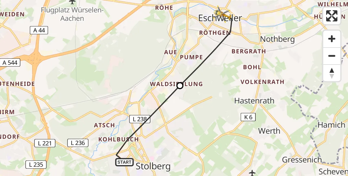 Flugroute Rettungshubschrauber Stolberg (Rhld.) - Eschweiler, 10 August 2026, 10:24