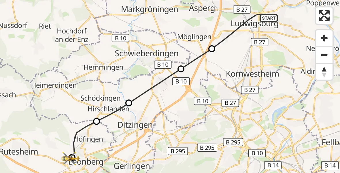 Flugroute Rettungshubschrauber Ludwigsburg - Leonberg Hospital, 10 August 2026, 10:26