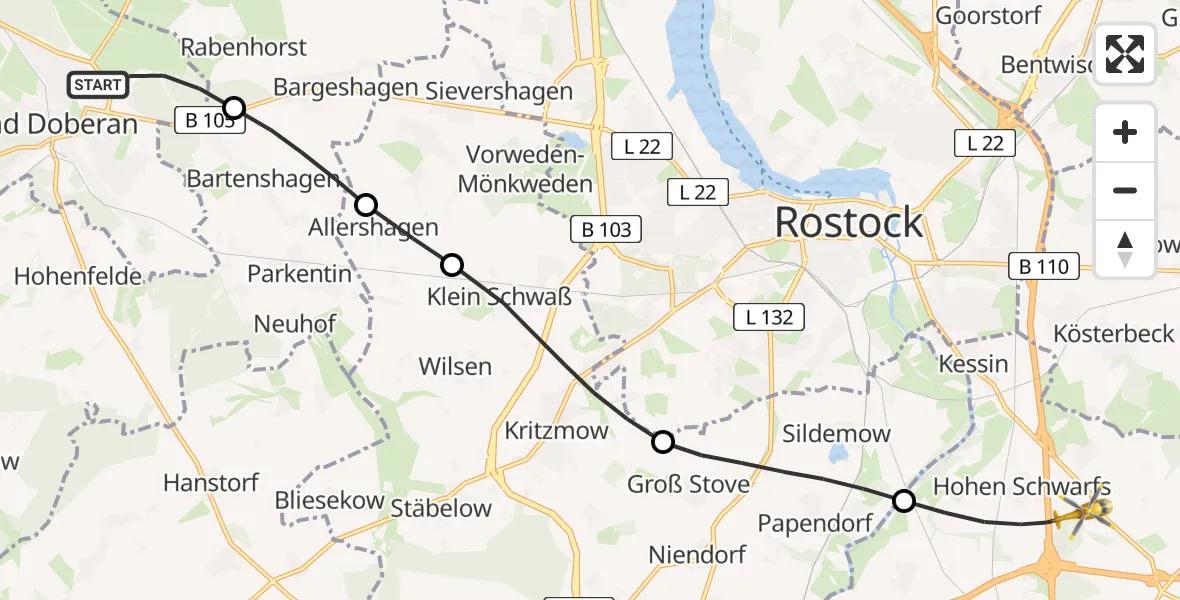 Flugroute Ambulanzhubschrauber Bad Doberan - Dummerstorf, 10 August 2026, 10:29