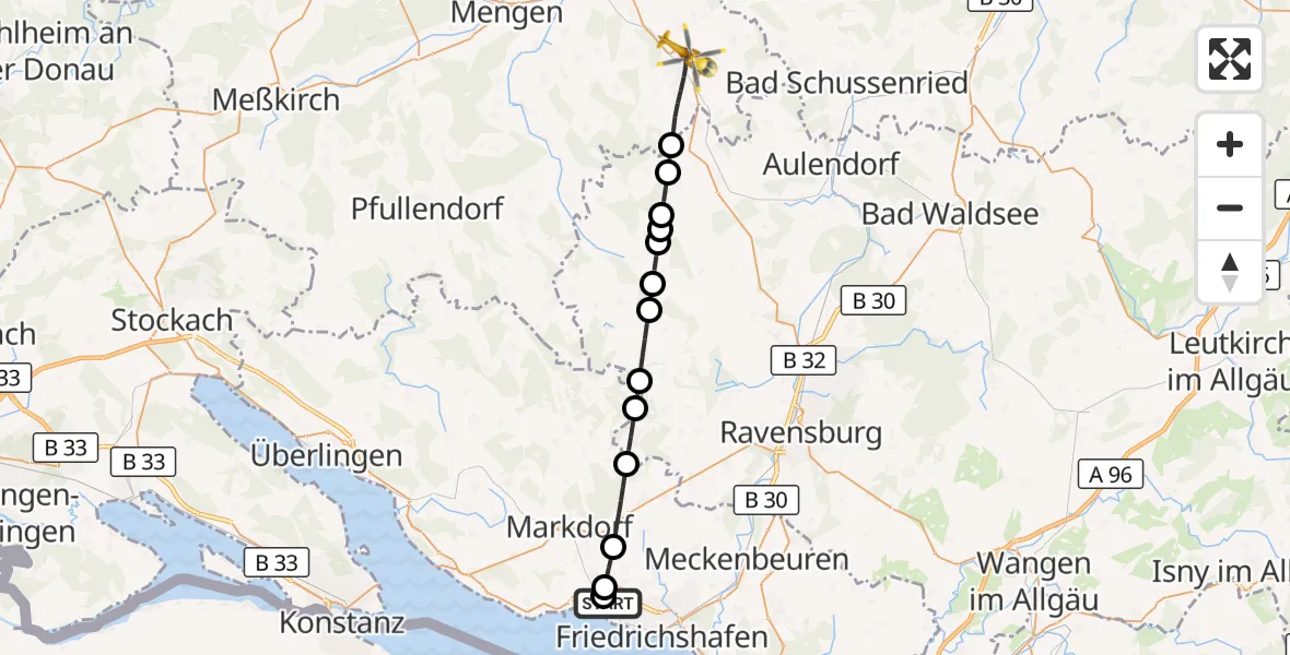Flugroute Rettungshubschrauber Friedrichshafen Hospital - Bad Saulgau, 10 August 2026, 10:32