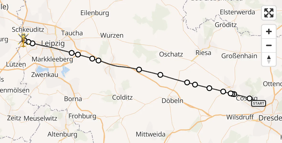 Flugroute Rettungshubschrauber Radebeul - ADAC Air Rescue Station Leipzig/Schkeuditz-Dölzig Hubschrauberlandeplatz (Christoph 61), 10 August 2026, 10:34